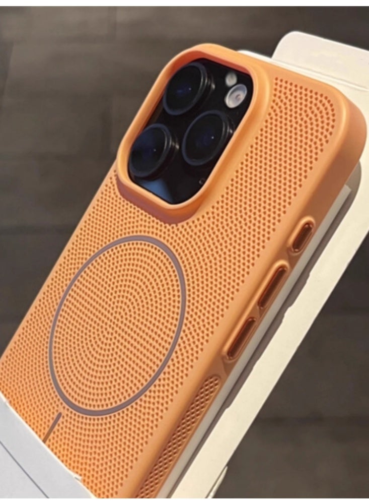 Mesh Heat Dissipation Phone Case Breathable Magnetic Suction Anti Drop Anti Fingerprint,Orange Suitable For iPhone 16 Pro Max - Image 2